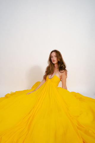 Halter Neck Georgette Ball Gown in Yellow Tulip | SS 23' Runway | new with tags (est. retail $9,200) Dresses Giambattista Valli   