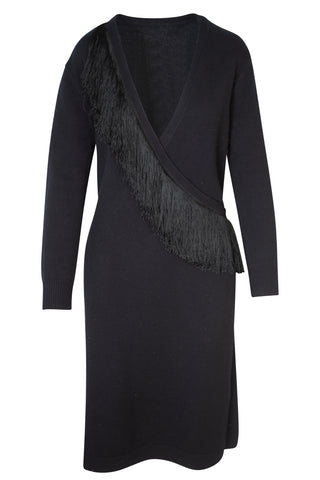 V-Neck Fringe Detail Midi Dress in Black Jackets Altuzarra   