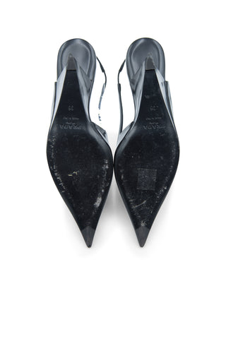Leather Slingback Wedge Pumps in Black | (est. retail $1,250) Mules Prada   