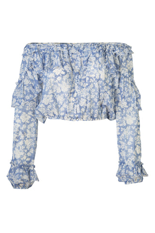 Ruffle Popover Top in Biscay Blue | (est. retail $295)