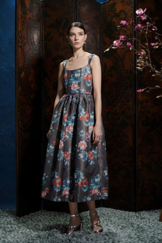 Apple Dark Floral Ikat Full Skirted Corset Dress DRESS Markarian   
