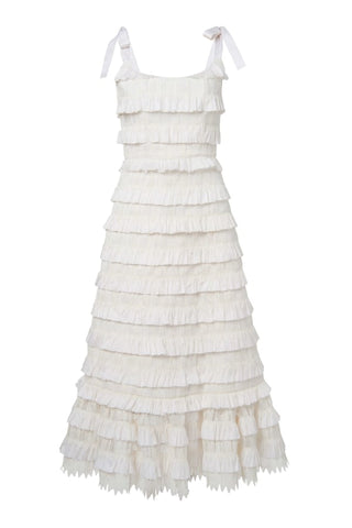 Annette Ivory Layered Ruffle Corset Dress With Tie Straps And Flounce Detail DRESS Markarian   