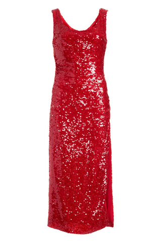 Deanna Red Sequin Dress With Ruched Waist And Front Slit DRESS Markarian   