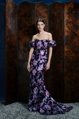 Astaire Hibiscus Metallic Brocade Strapless Sweetheart Neckline Gown With Off The Shoulder Puff Sleeves GOWN Markarian   