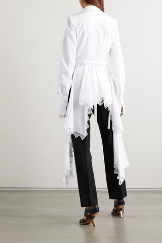 By Sarah Burton Asymmetric Lace-trimmed Cotton-piqué Blouse | SS'20 (est. retail $2,170) new with tags Shirts & Tops Alexander McQueen   