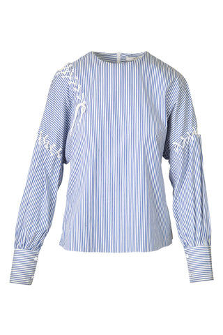 Striped Cotton Blouse w/ Lace Details Shirts & Tops Tibi   