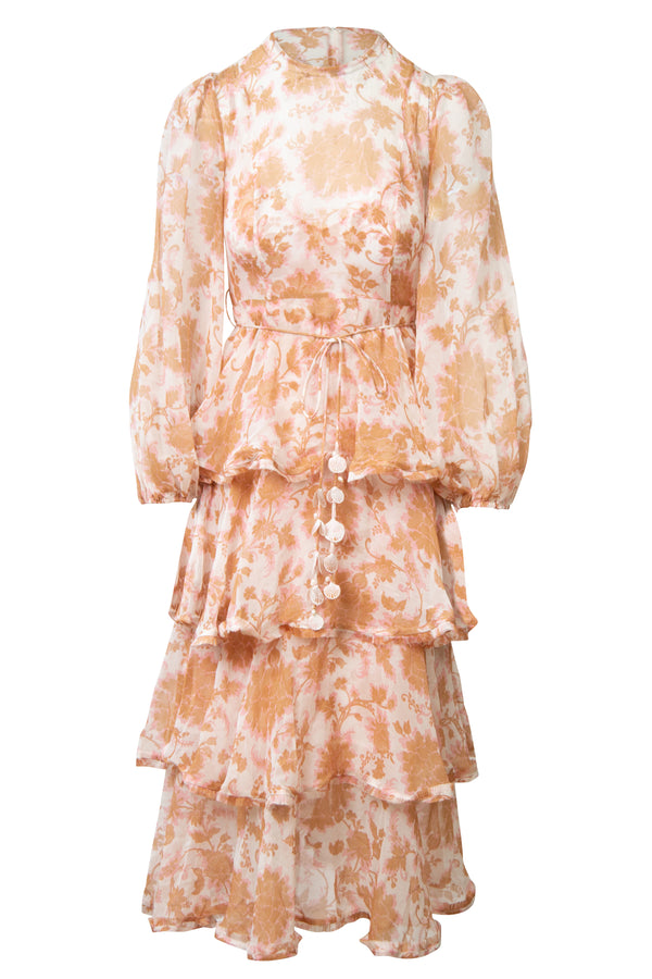 Postcard Tiered Floral Cotton-Silk Voile Dress in Light Brown | (est. retail $1,150)