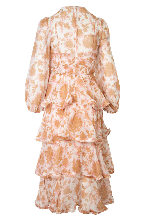 Postcard Tiered Floral Cotton-Silk Voile Dress in Light Brown | (est. retail $1,150)