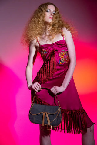 Vintage John Galliano 2000s Pink Silk Embroidered Fringe Dress Dresses John Galliano   