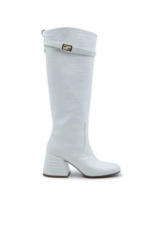 Croc Embossed Leather Promenade Knee Length Boots in White ($1,005)