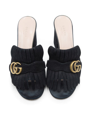 by Alessandro Michele Suede GG Marmont Fringe Mules Sandals Gucci   