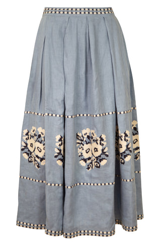 Kristinka Floral Embroidered Linen Midi Skirt in Blue | (est. retail $1549)