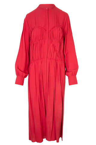 Ruched Long Sleeve Button Up Dress in Red