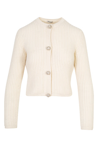Crystal-button Ribbed Cashmere Cardigan In White | (est. retail $1,500) Sweaters & Knits Miu Miu   
