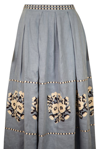 Kristinka Floral Embroidered Linen Midi Skirt in Blue | (est. retail $1549)