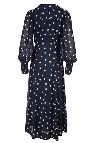Wrap-Effect Polka-Dot Crepe Midi Dress in Sky Captain | new with tags (est. retail $437) Dresses Ganni   