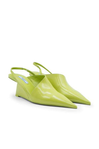 Leather Slingback Wedge Pumps in Lime | (est. retail $1,250) Mules Prada   