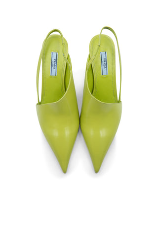 Leather Slingback Wedge Pumps in Lime | (est. retail $1,250) Mules Prada   