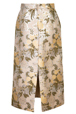Flower Jacquard Silk Blend Midi Skirt in Beige | (est. retail $1,270) Skirts Brock Collection   