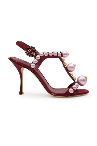 Bejeweled Satin Sandals With Pearl Embroidery In Red | (est. retail $1,295)