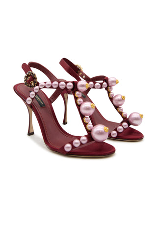 Bejeweled Satin Sandals With Pearl Embroidery In Red | (est. retail $1,295) Sandals Dolce & Gabbana   
