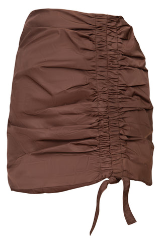 Nylon Ruched Mini Skirt in Rich Brown | (est retail $215)