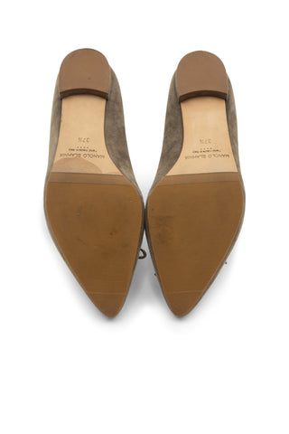Suede Pointed Toe Flat with Leather Bow Flats Manolo Blahnik   