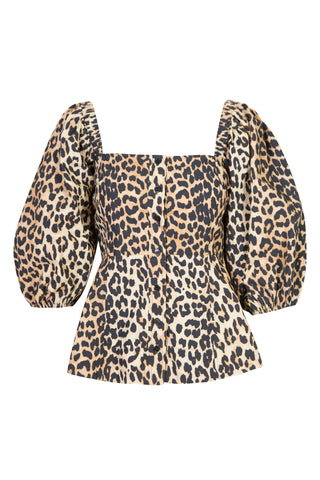 Leopard Cotton Poplin Puff Sleeve Top Shirts & Tops Ganni   