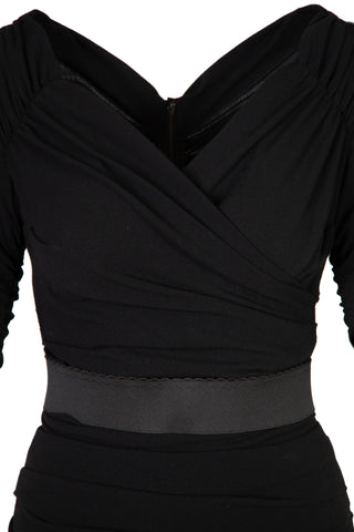 Stretch Wool Crepe Ruched Midi Dress with Self Belt Dresses Dolce & Gabbana   