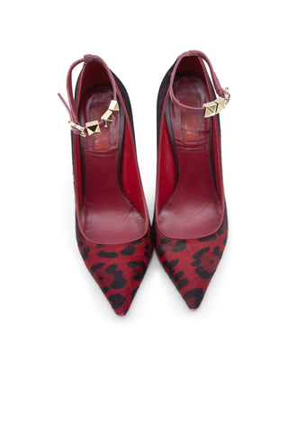 Rockstud  Calf Hair Leopard Print Ankle Strap Pump Heels Valentino   