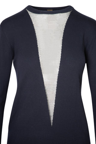 Navy Wool V-Neck Sheer Panel Sweater Sweaters & Knits Adam Lippes   