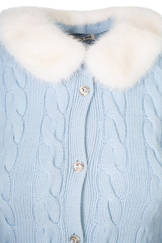 Waved Knit Cardigan with Fur Details In Blue | (est. retail $2,225) Sweaters & Knits Miu Miu   