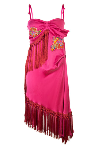Vintage John Galliano 2000s Pink Silk Embroidered Fringe Dress