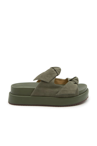 Clarita Bounce Suede Knot Two-Band Sandals in Green | (est. retail $450)