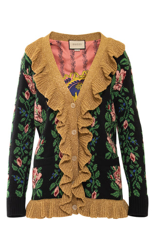 Intarsia Jacquard' Navy Floral Knit Cardigan
