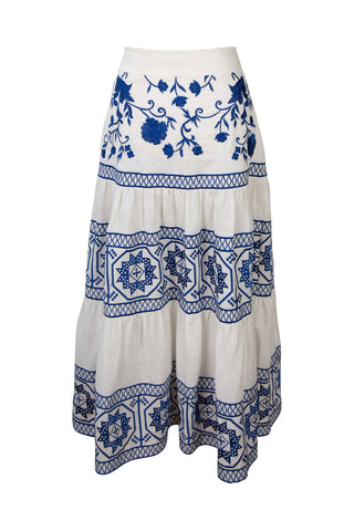 Deena Embroidered Tiered Midi Skirt In White