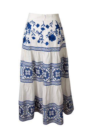 Deena Embroidered Tiered Midi Skirt In White