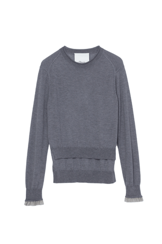 Layered Wool Silk Crew Sweater w Chiffon Cuff PULLOVER 3.1 Phillip Lim Dark Melange Grey XS 