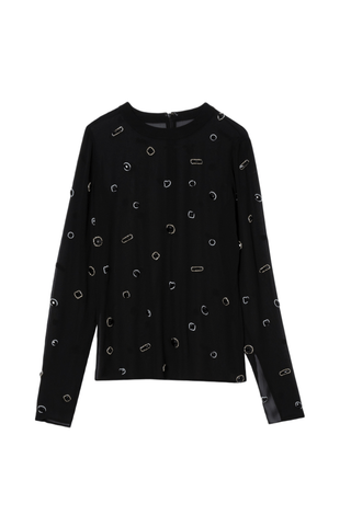 Halo Embroidered Chiffon Long Sleeve Top CAMI 3.1 Phillip Lim Black XS | US 0 