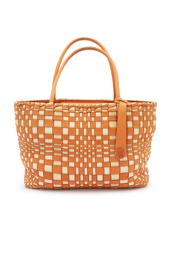 Intrecciato Leather Handbag in Orange/White