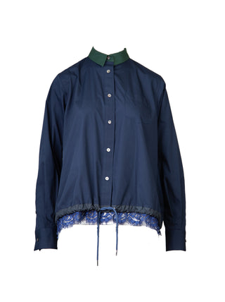 Long Sleeve Lace Trim Button Up in Navy