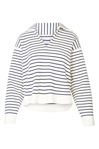 Placket Striped Sweater in Cream/Navy