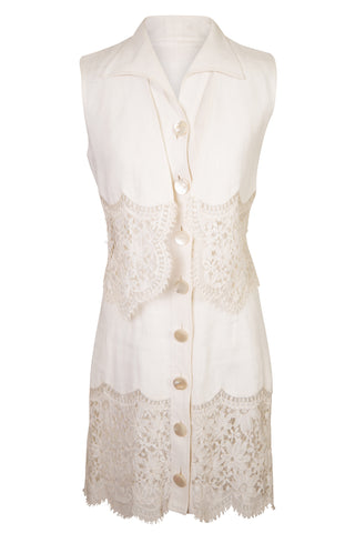 Vintage White Linen Dress With Lace Hem & Matching Vest