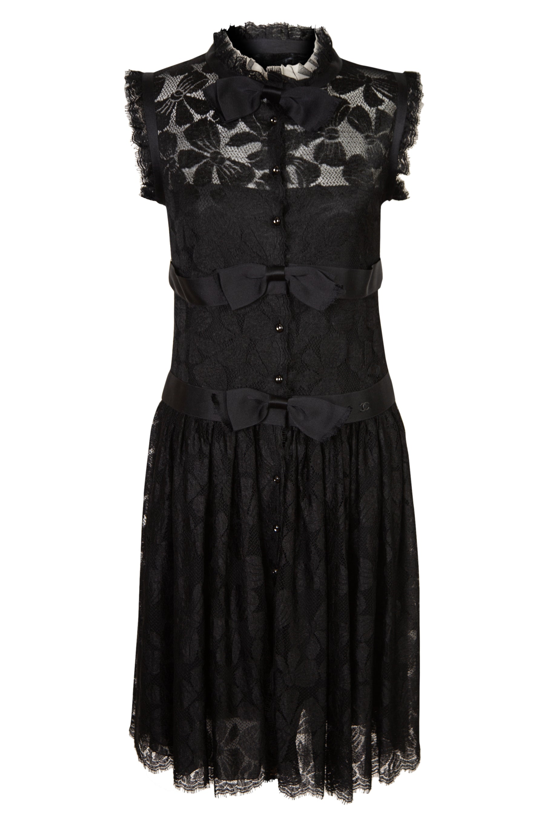 Chanel Vintage Black Lace Short Dress With Bows at Front