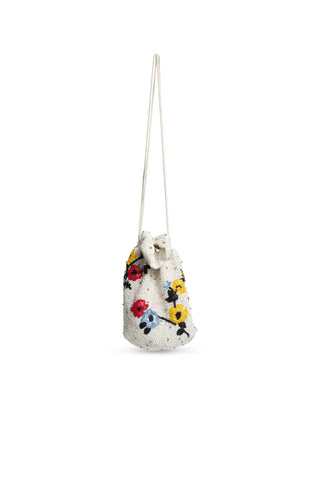 Hand-beaded Floral Drawstring Pouch In White Multi | (est. retail $345)