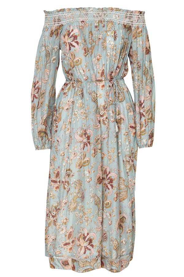 Blue Floral Smocked Off the Shoulder Dress