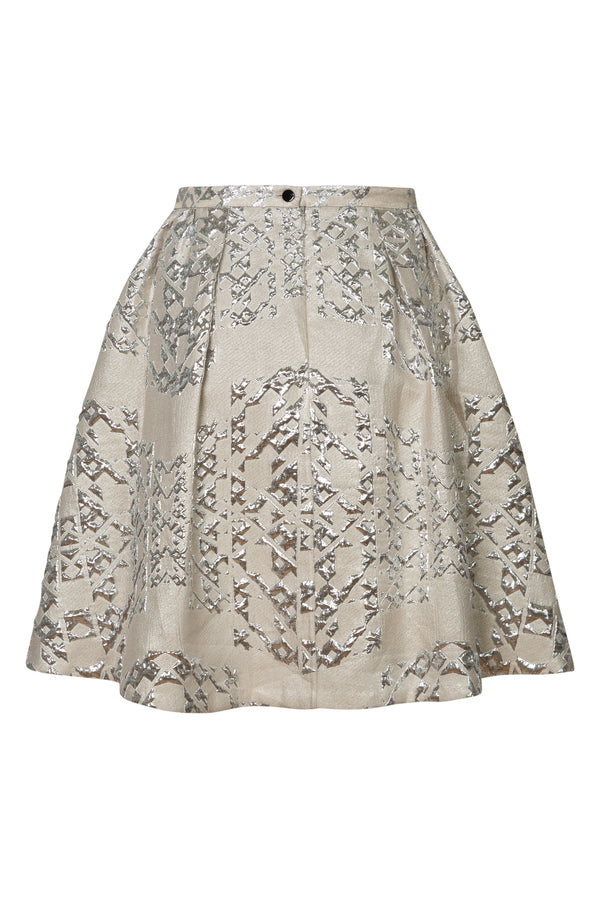 Silver Brocade Pleated Midi Skirt