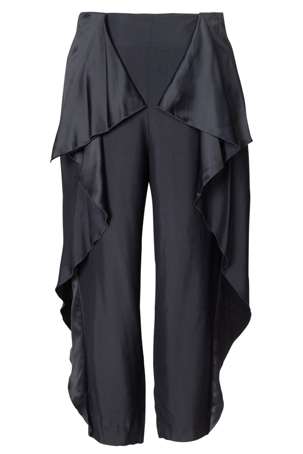 Ruffle Satin Crepe Pants in Black