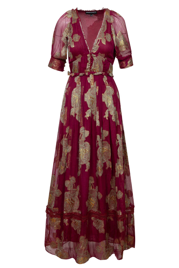 Cuffed Sleeve Empire Waisted Dress in Maroon
