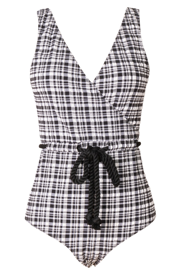 Yasmin Belted Wrap-effect Checked Seersucker Swimsuit In Black/White Plaid| new with tags (est. retail $405)